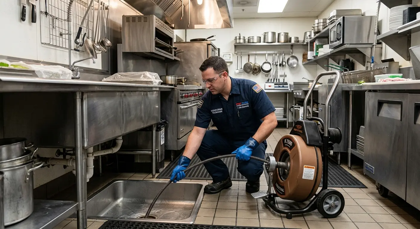 Commercial drain cleaning service in a restaurant kitchen in Bryan